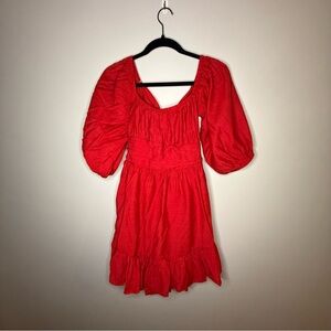 Hello Molly Red Puff Sleeve Tie Back Cutout Ruffle Mini Dress‎